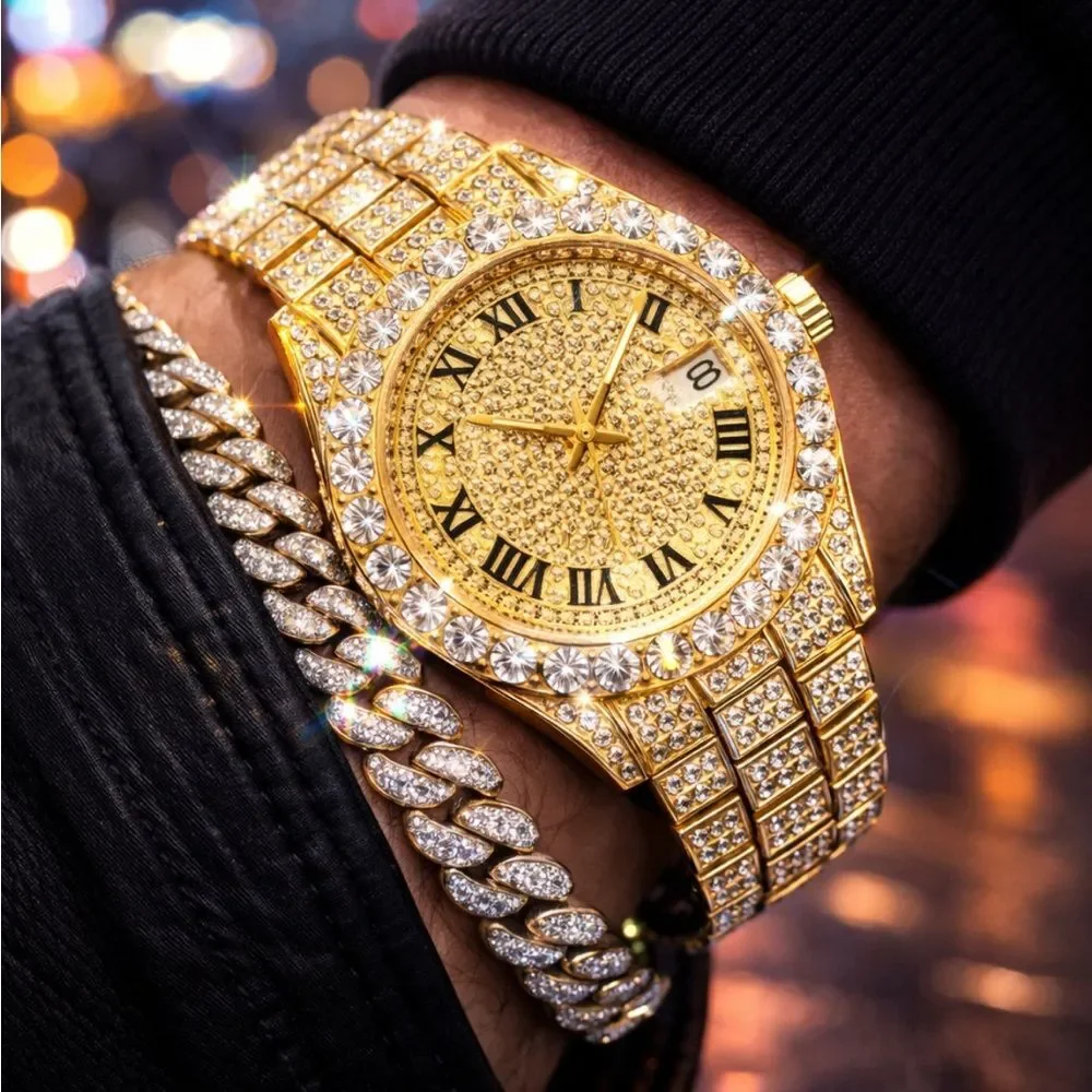 VVS Bustdown Iced Out Unisex Gold Steel Luxury Simulated Diamond Watch Hip Hop